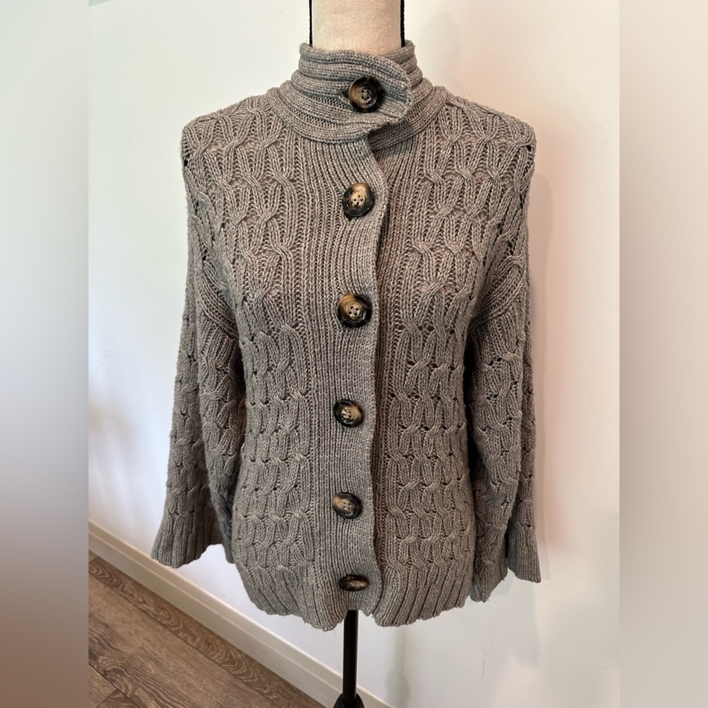 VTG Old Navy Chunky Knit Sweater Large Collar 3/4 Flared  Sleeves Grey M EUC